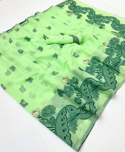 Tremendous Pista Jamdani Cotton Silk Saree With Alluring Blouse Piece