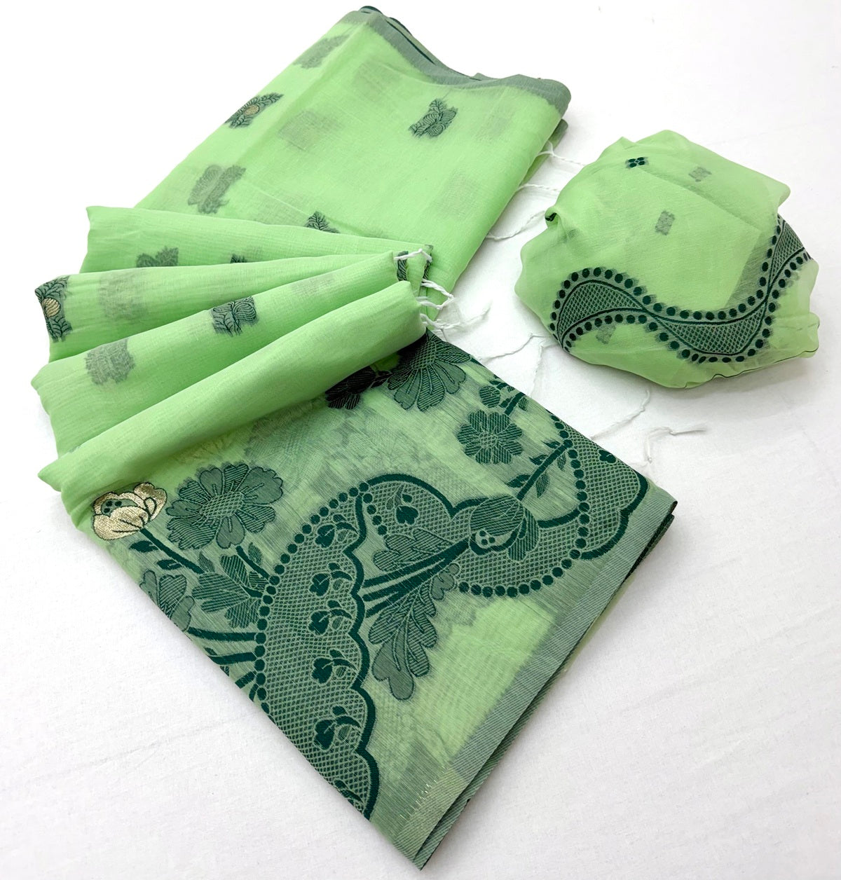 Tremendous Pista Jamdani Cotton Silk Saree With Alluring Blouse Piece
