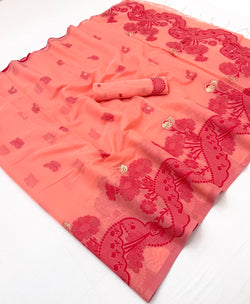 Mesmerising Peach Jamdani Cotton Silk Saree With Deserving Blouse Piece