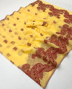 Beautiful Yellow Jamdani Cotton Silk Saree With Susurrous Blouse Piece