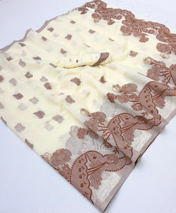 Nectarous Off White Jamdani Cotton Silk Saree With Designer Blouse Piece