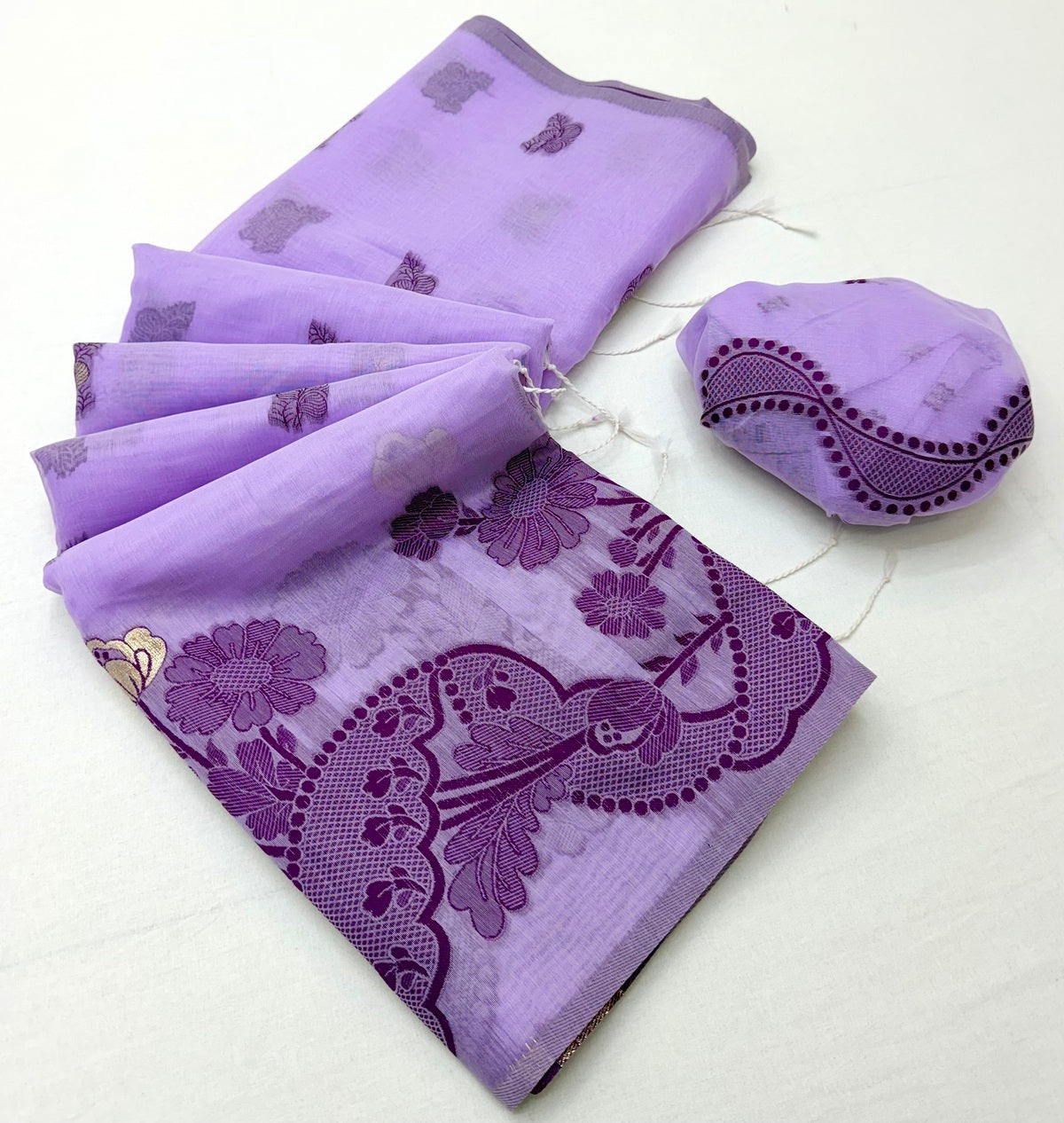 Propinquity Lavender Jamdani Cotton Silk Saree With Lustrous Blouse Piece