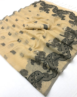 Exquisite Beige Jamdani Cotton Silk Saree With Stunning Blouse Piece