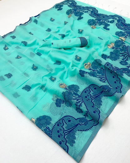 Desirable Sky Jamdani Cotton Silk Saree With Snappy Blouse Piece