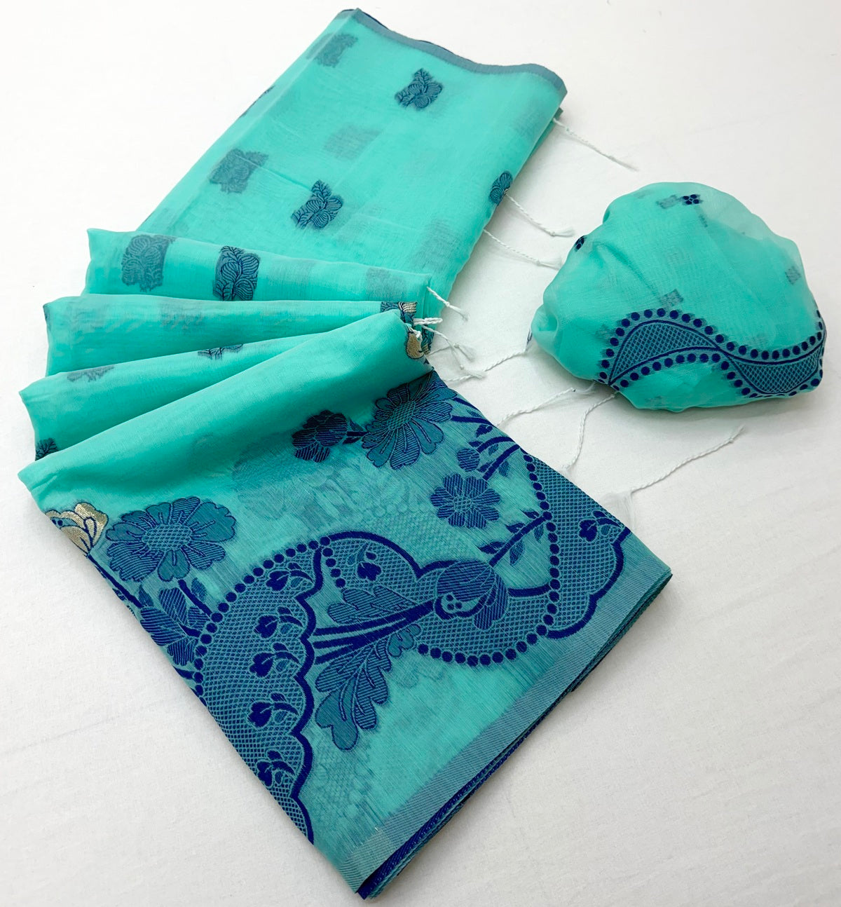 Desirable Sky Jamdani Cotton Silk Saree With Snappy Blouse Piece