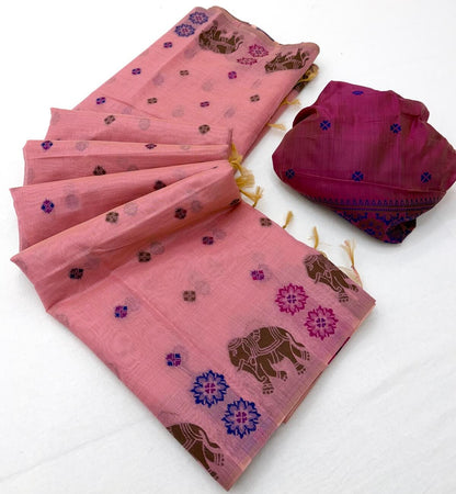 Devastating Pink Pure Munga Cotton Silk Saree With Angelic Blouse Piece