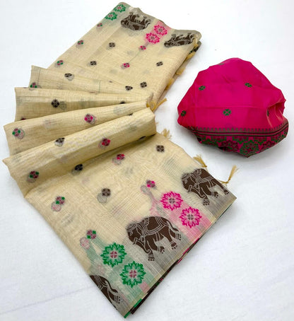 Confounding Beige Pure Munga Cotton Silk Saree With Eloquence Blouse Piece