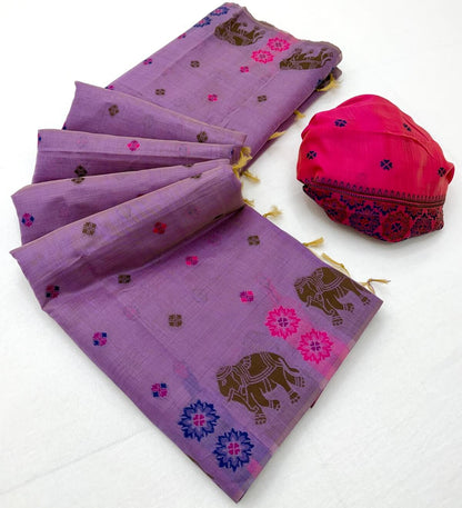 Quintessential Lavender Pure Munga Cotton Silk Saree With Chatoyant Blouse Piece
