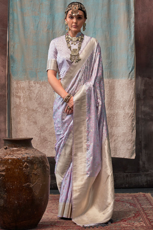 Load image into Gallery viewer, Angelic Lavender Banarasi Satin Silk Saree With Flameboyant Blouse
