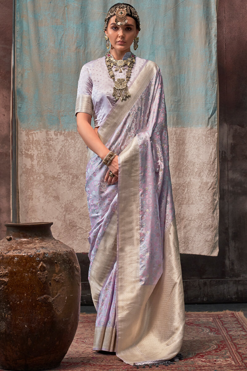 Angelic Lavender Banarasi Satin Silk Saree With Flameboyant Blouse