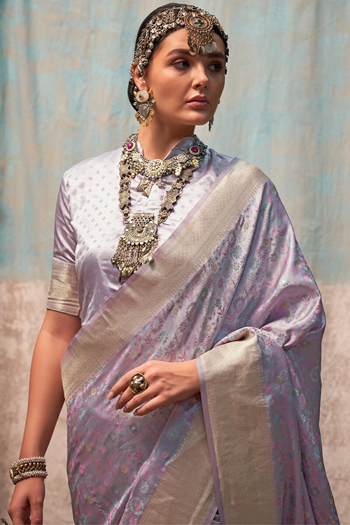 Load image into Gallery viewer, Angelic Lavender Banarasi Satin Silk Saree With Flameboyant Blouse
