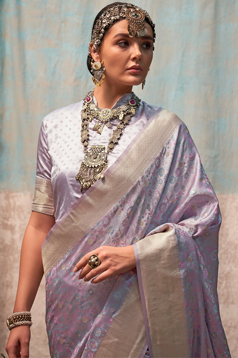 Angelic Lavender Banarasi Satin Silk Saree With Flameboyant Blouse