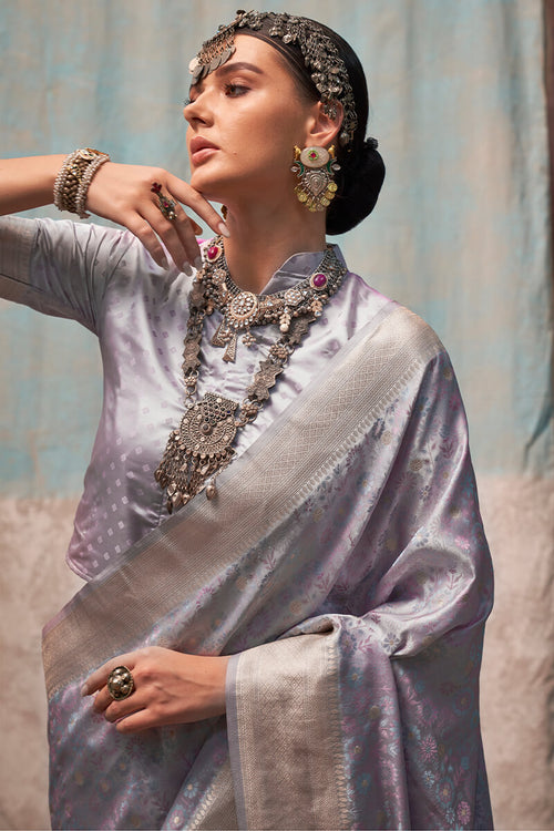 Load image into Gallery viewer, Angelic Lavender Banarasi Satin Silk Saree With Flameboyant Blouse
