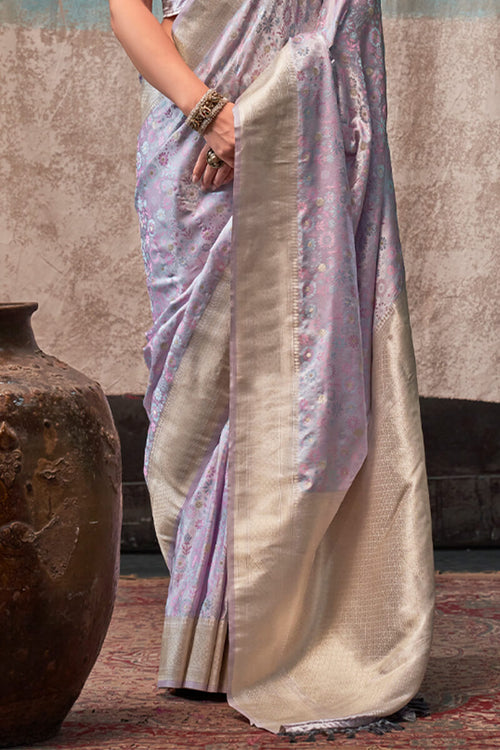 Load image into Gallery viewer, Angelic Lavender Banarasi Satin Silk Saree With Flameboyant Blouse
