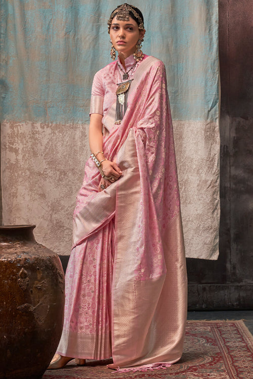 Load image into Gallery viewer, Blissful Pink Banarasi Satin Silk Saree With Ethnic Blouse
