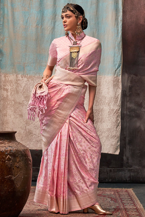 Load image into Gallery viewer, Blissful Pink Banarasi Satin Silk Saree With Ethnic Blouse
