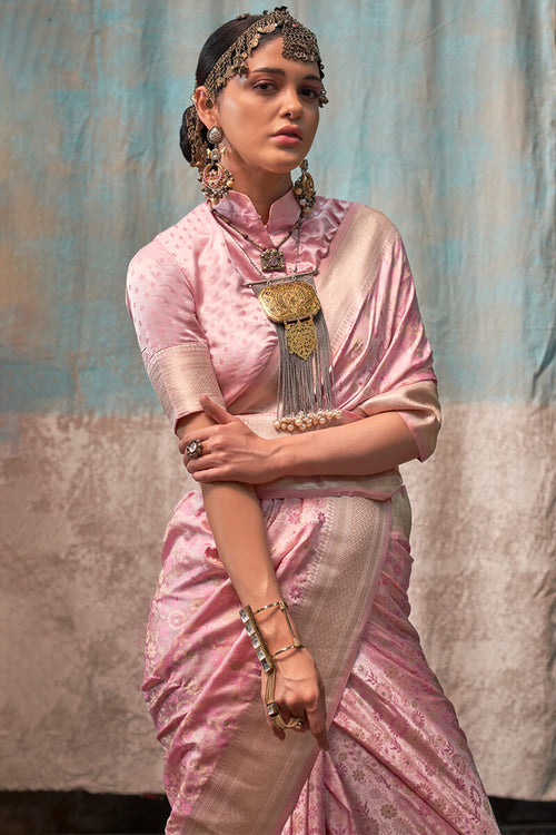 Load image into Gallery viewer, Blissful Pink Banarasi Satin Silk Saree With Ethnic Blouse
