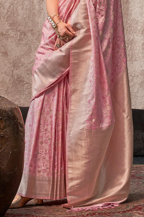 Load image into Gallery viewer, Blissful Pink Banarasi Satin Silk Saree With Ethnic Blouse
