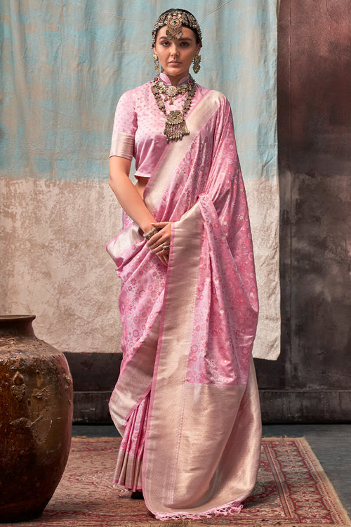 Load image into Gallery viewer, Refreshing Baby Pink Banarasi Satin Silk Saree With Classy Blouse
