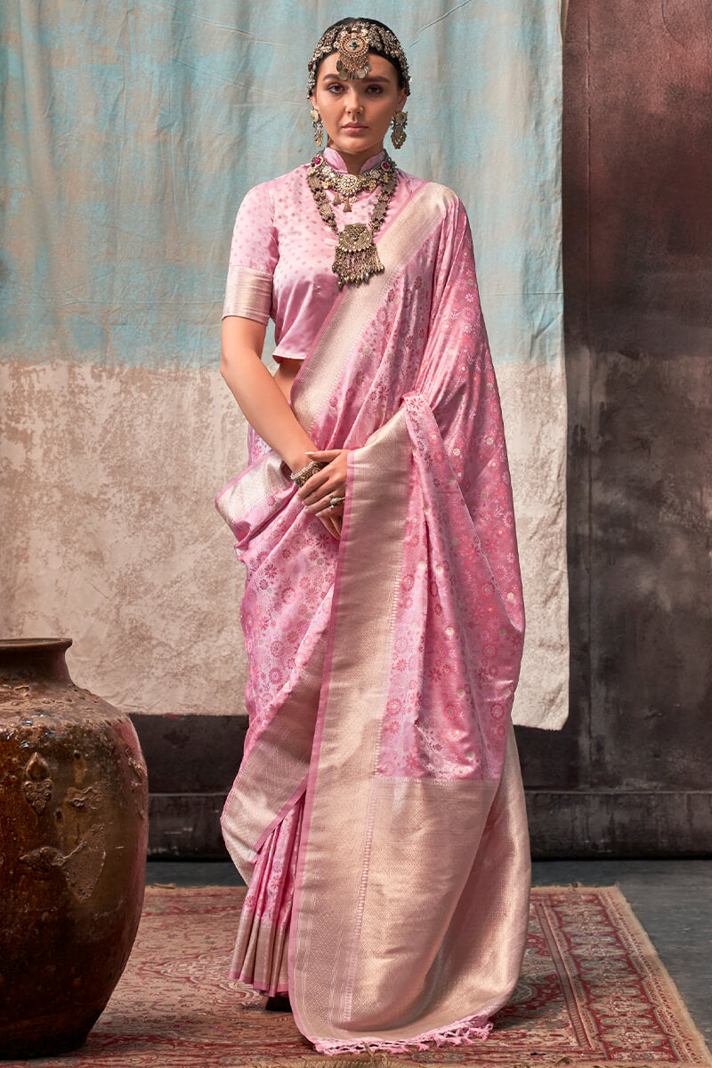 Refreshing Baby Pink Banarasi Satin Silk Saree With Classy Blouse