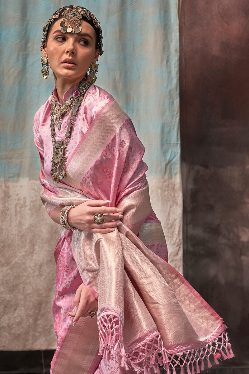 Refreshing Baby Pink Banarasi Satin Silk Saree With Classy Blouse