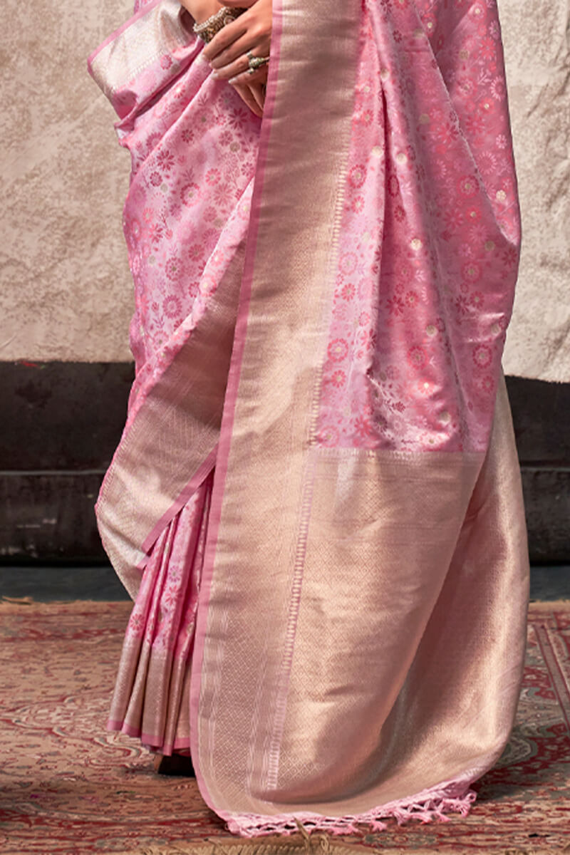 Refreshing Baby Pink Banarasi Satin Silk Saree With Classy Blouse