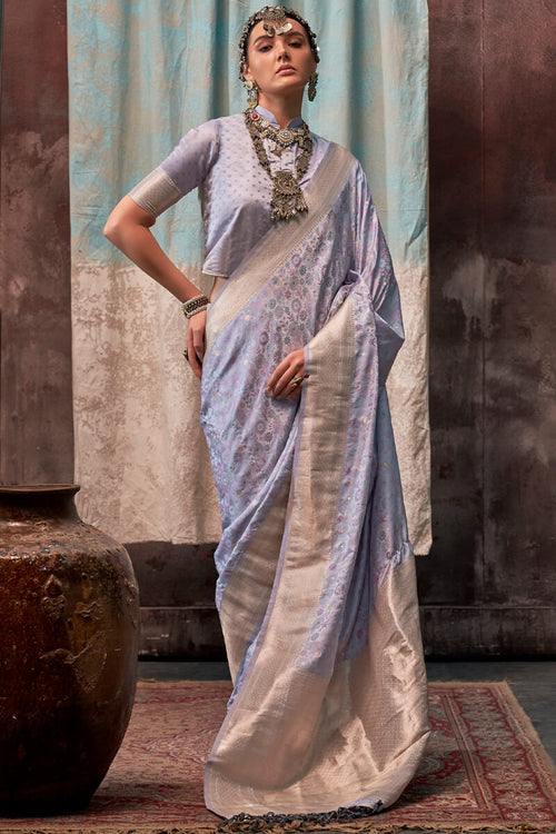 Load image into Gallery viewer, Outstanding Grey Banarasi Satin Silk Saree With Intricate Blouse
