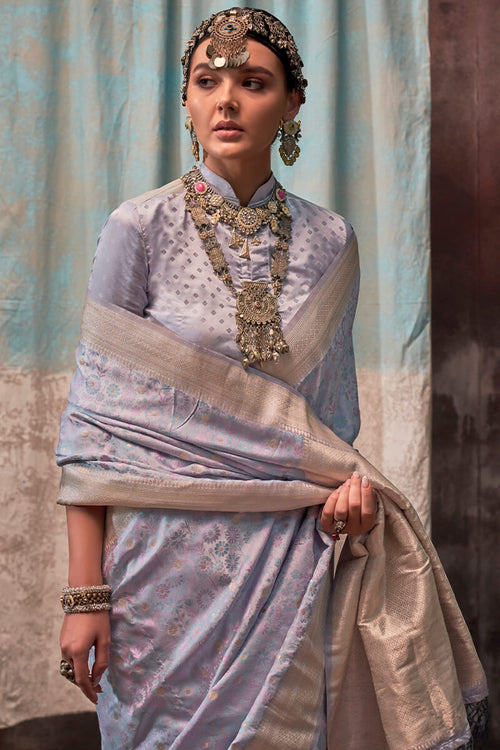 Load image into Gallery viewer, Outstanding Grey Banarasi Satin Silk Saree With Intricate Blouse
