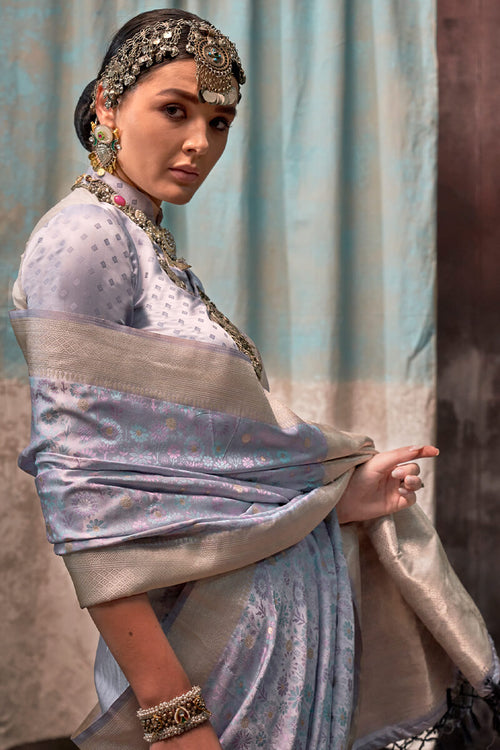 Load image into Gallery viewer, Outstanding Grey Banarasi Satin Silk Saree With Intricate Blouse
