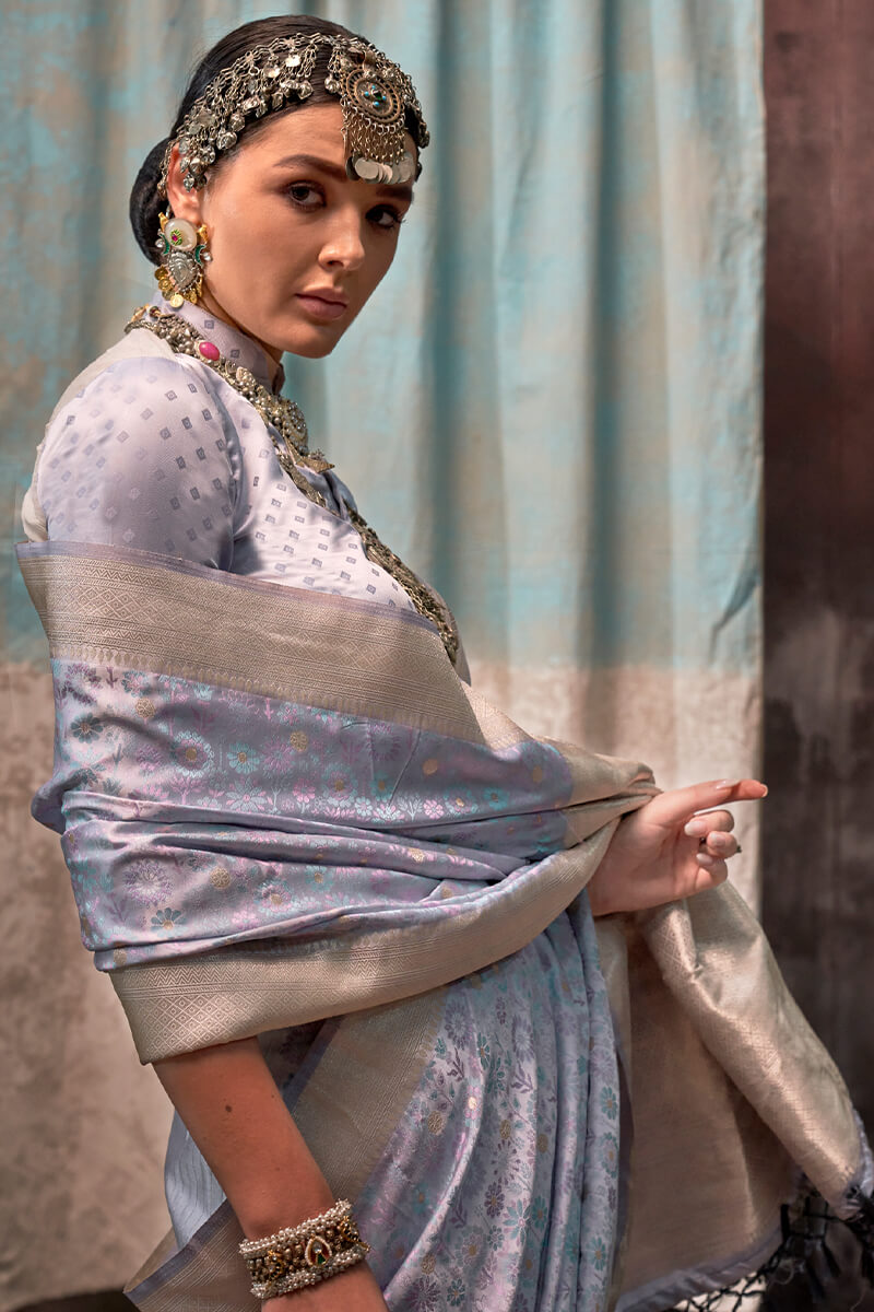 Outstanding Grey Banarasi Satin Silk Saree With Intricate Blouse