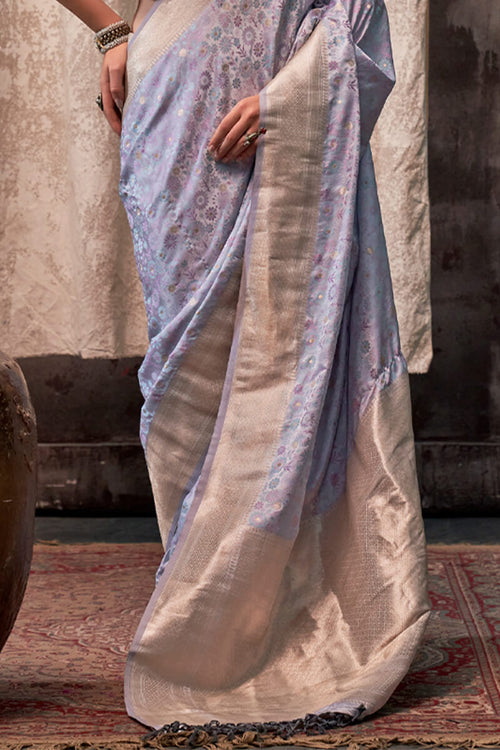 Load image into Gallery viewer, Outstanding Grey Banarasi Satin Silk Saree With Intricate Blouse
