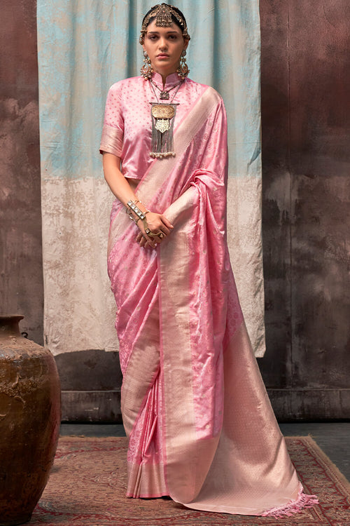 Load image into Gallery viewer, Majesty Pink Banarasi Satin Silk Saree With Twirling Blouse
