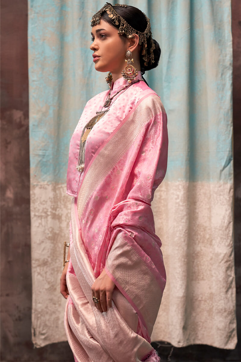 Majesty Pink Banarasi Satin Silk Saree With Twirling Blouse