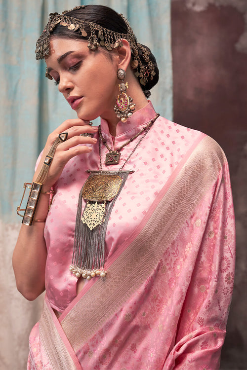 Load image into Gallery viewer, Majesty Pink Banarasi Satin Silk Saree With Twirling Blouse
