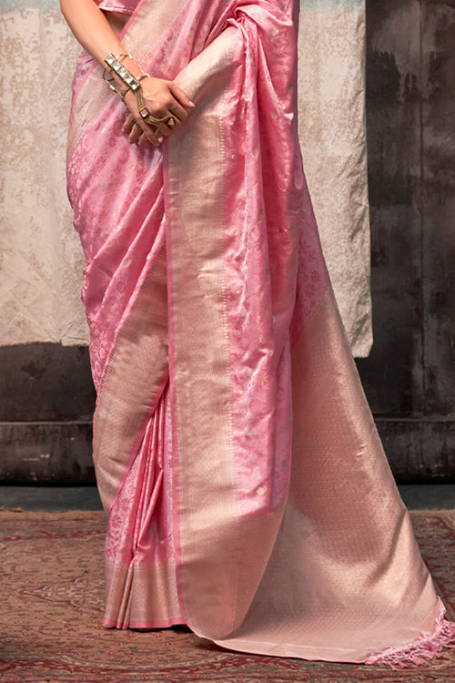 Load image into Gallery viewer, Majesty Pink Banarasi Satin Silk Saree With Twirling Blouse
