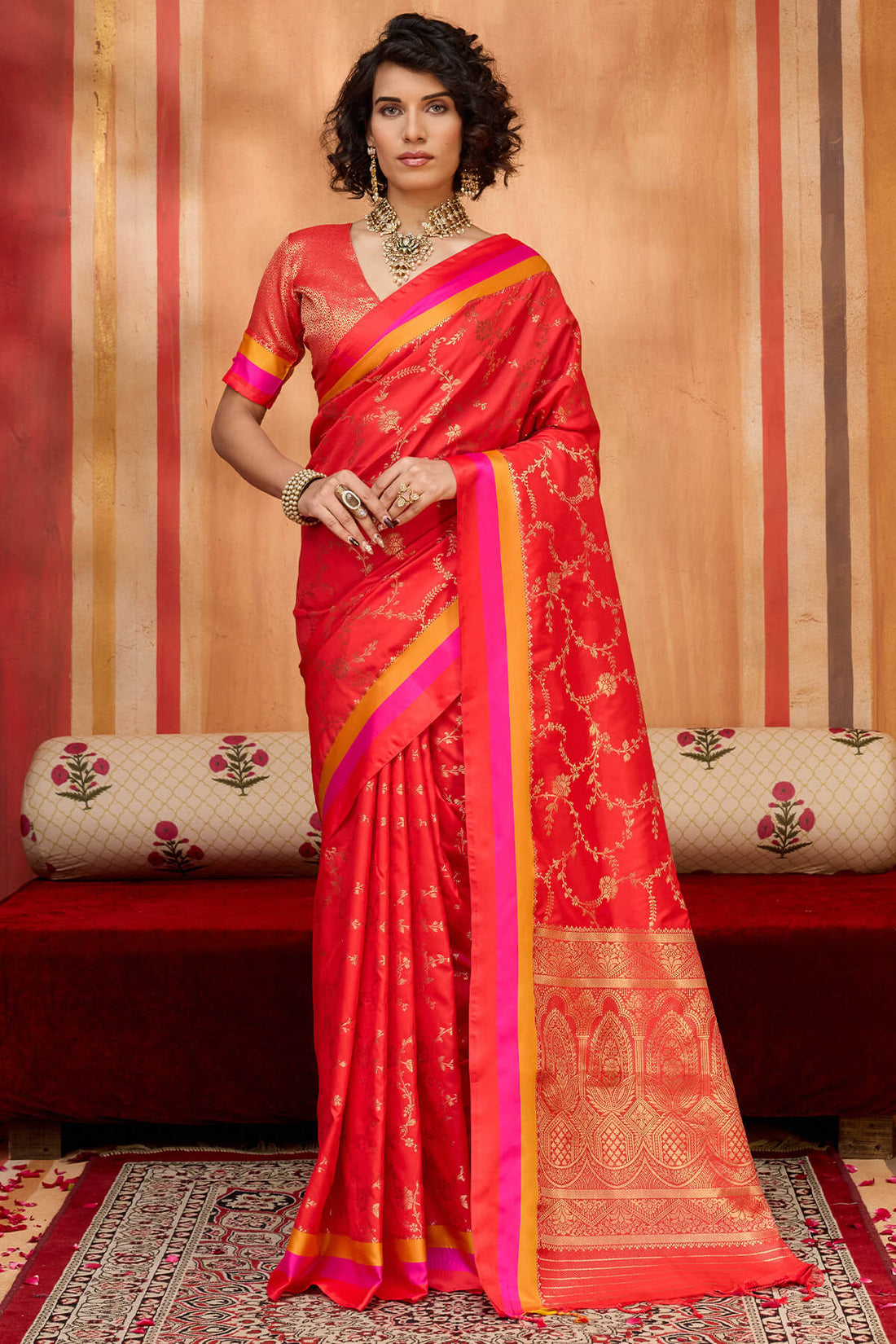 Scintilla Red Pure Zari Weaving Banarasi Silk Saree With Stylish Blouse Piece
