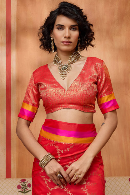 Scintilla Red Pure Zari Weaving Banarasi Silk Saree With Stylish Blouse Piece