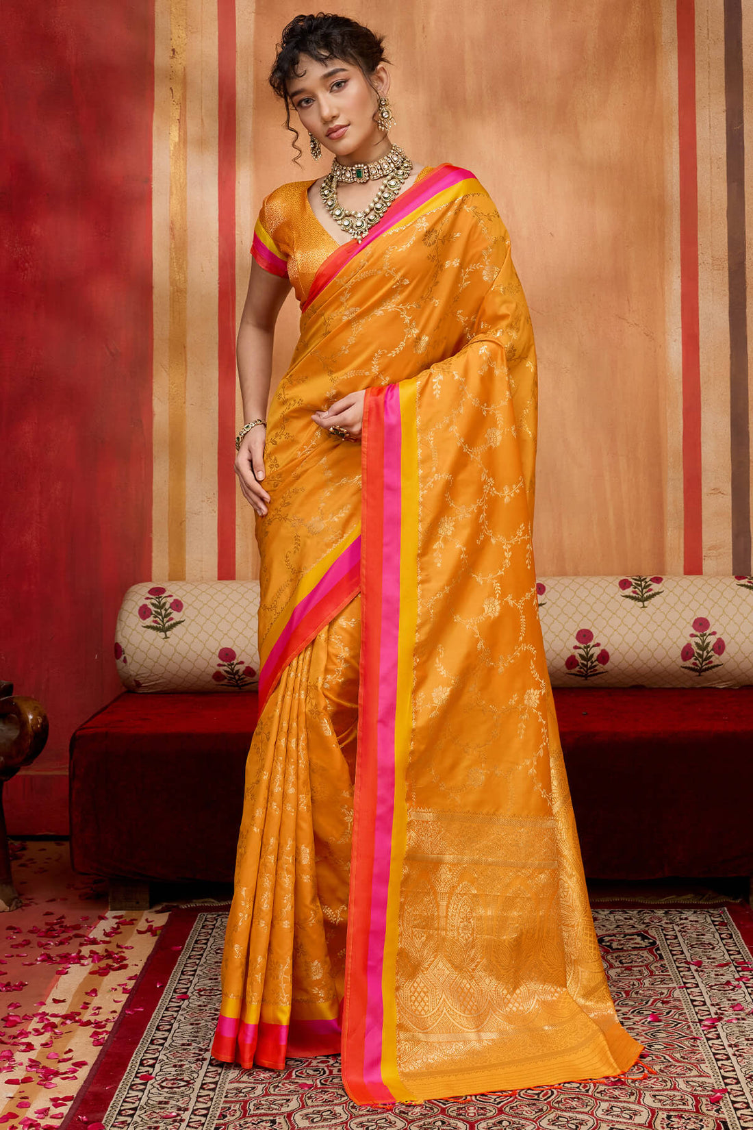 Verdant Mustard Pure Zari Weaving Banarasi Silk Saree With Evocative Blouse Piece