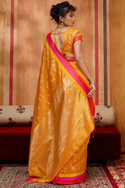 Verdant Mustard Pure Zari Weaving Banarasi Silk Saree With Evocative Blouse Piece