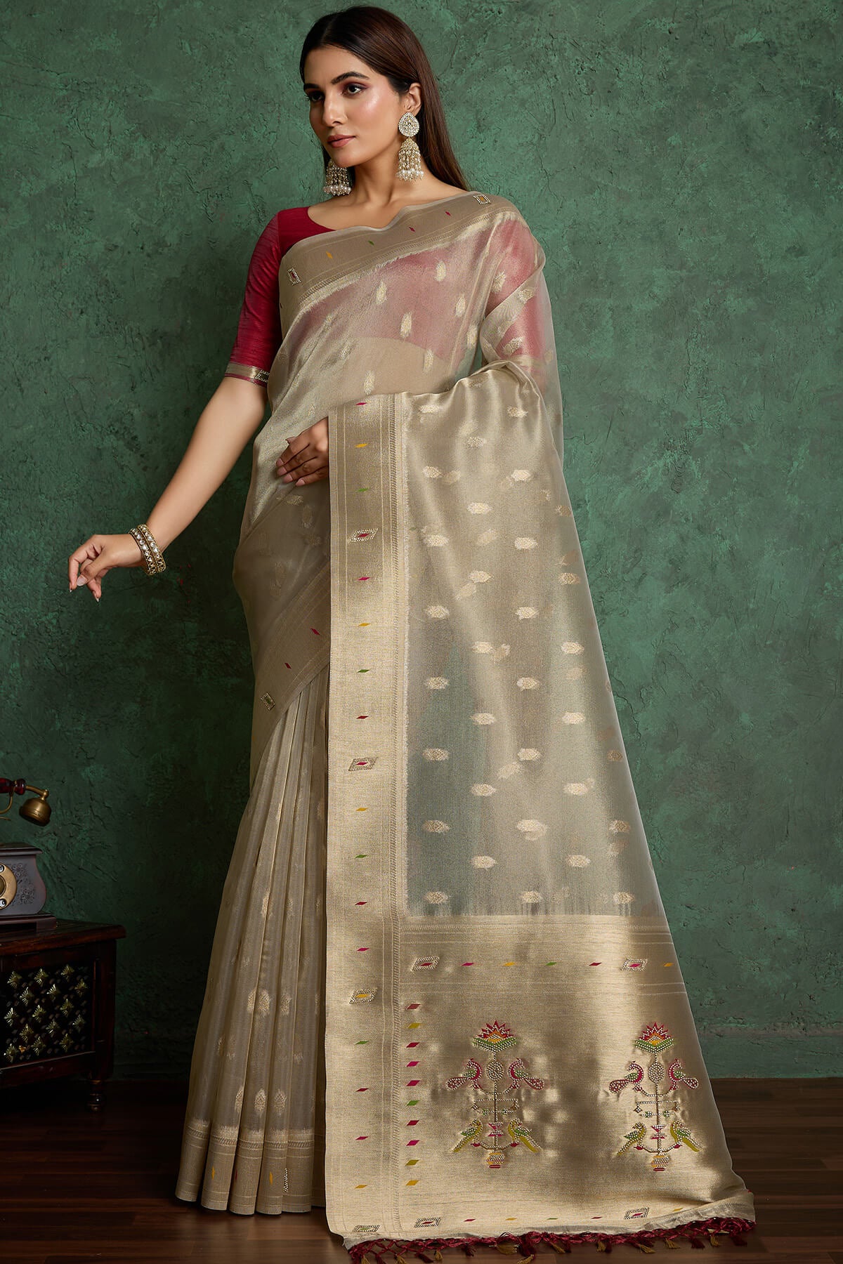 Mellifluous Grey Paithani Pure Tissue Silk Saree With Eclat Blouse Piece