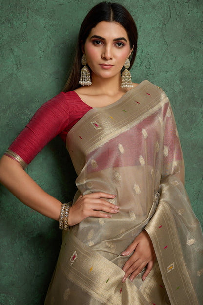 Mellifluous Grey Paithani Pure Tissue Silk Saree With Eclat Blouse Piece