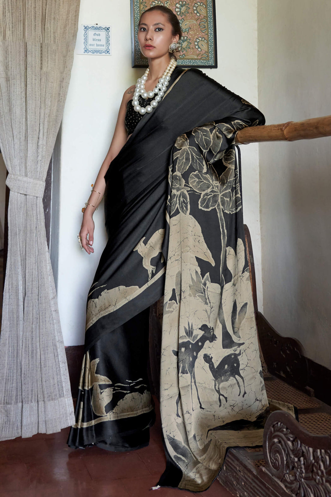 Attractive Beige and Black Digital Printed Satin Silk Saree With Beguiling Blouse Piece