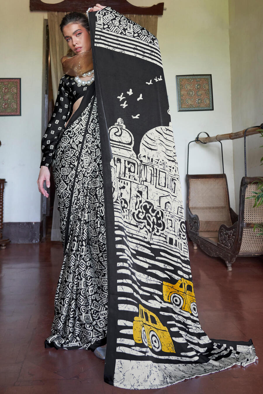Attractive Beige and Black Digital Printed Satin Silk Saree With Smashing Blouse Piece
