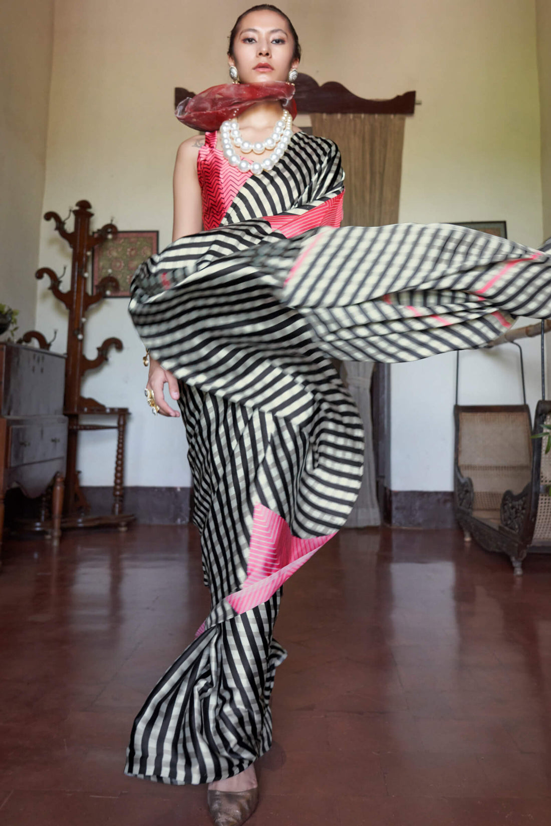 Attractive Beige and Black Digital Printed Satin Silk Saree With Pulsating Blouse Piece