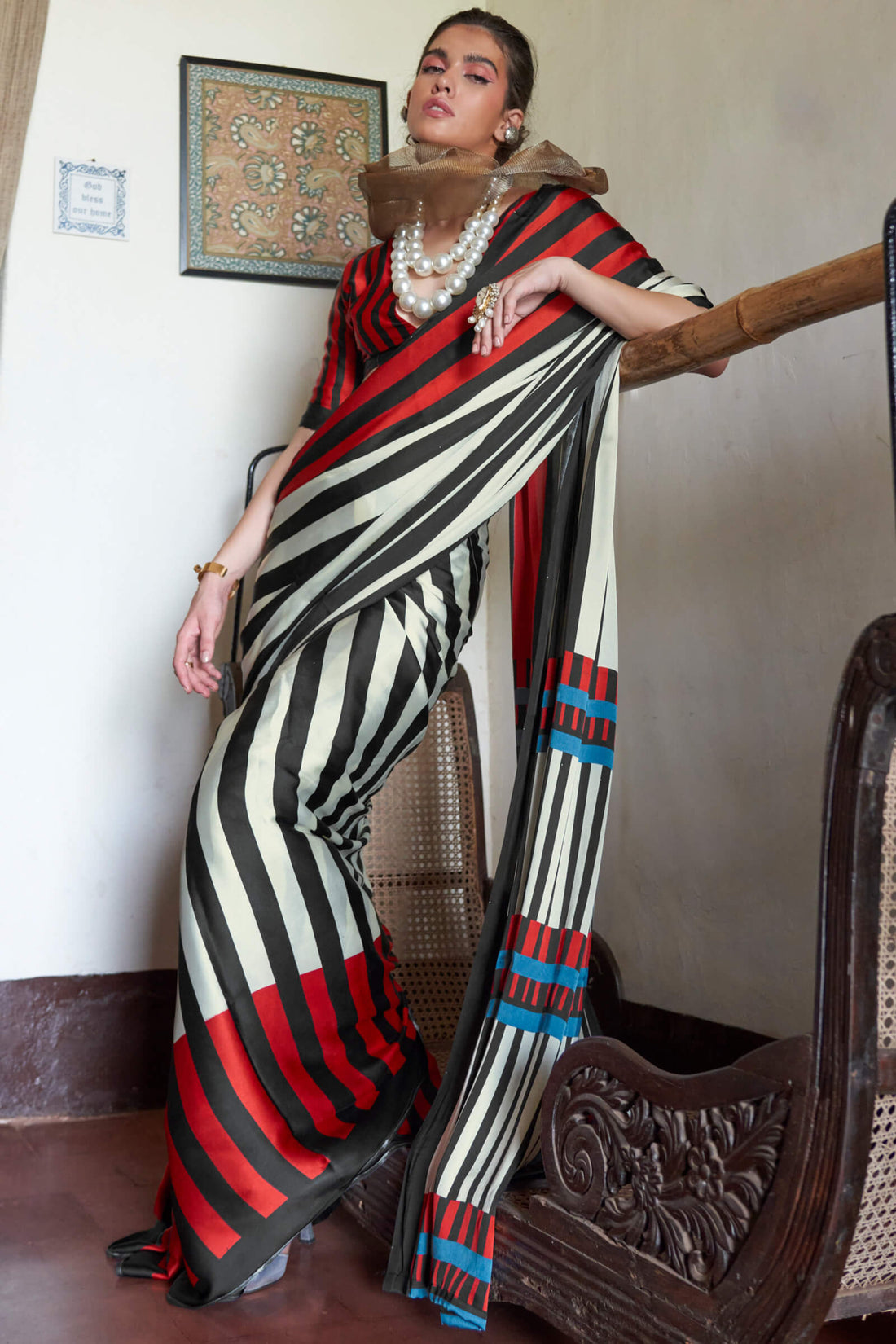 Attractive Beige and Black Digital Printed Satin Silk Saree With Super classy Blouse Piece