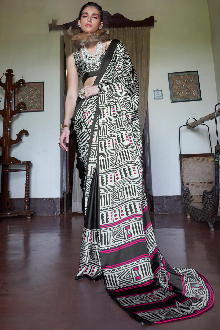 Attractive Beige and Black Digital Printed Satin Silk Saree With Palimpsest Blouse Piece