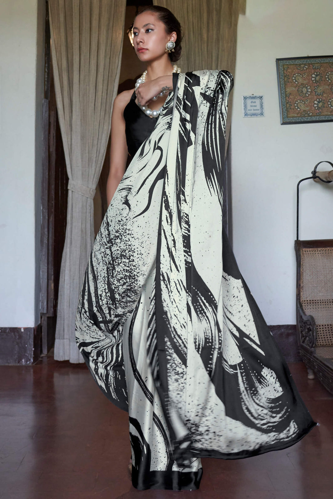Attractive Beige and Black Digital Printed Satin Silk Saree With Phenomenal Blouse Piece