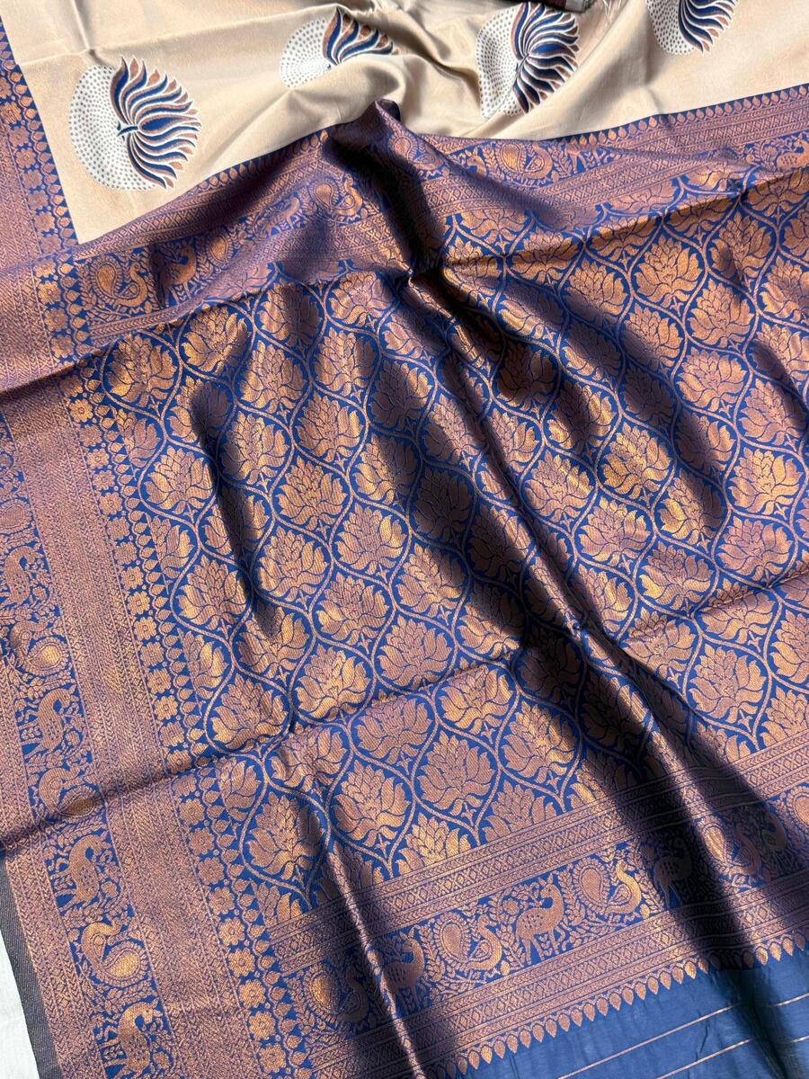 Flaunt Beige and Blue Soft Silk Saree With Dissemble Blouse Piece