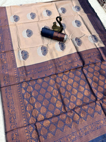 Flaunt Beige and Blue Soft Silk Saree With Dissemble Blouse Piece
