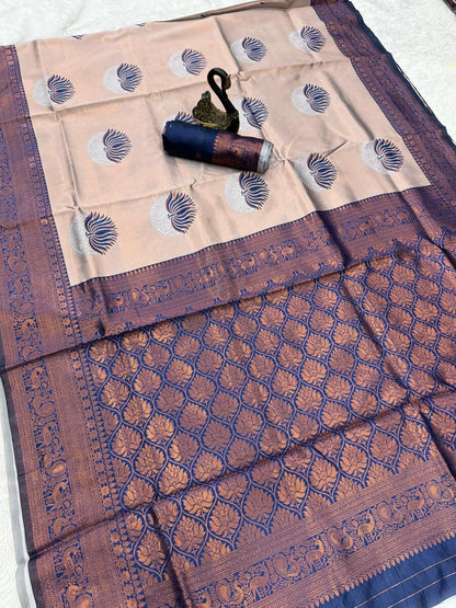 Flaunt Beige and Blue Soft Silk Saree With Dissemble Blouse Piece